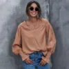 J+j Caramel Lace Textured Cuffed Blouse Tops