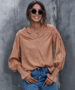 J+j Caramel Lace Textured Cuffed Blouse Tops