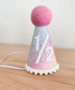Cutest Little Party # 1/2 Baby Pink Glitter + Pastel Rainbow + White Glitter Party Hat