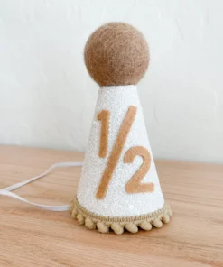 Cutest Little Party # 1/2 White Glitter + Toast Pom Trim/white Lining + Toast Felt Party Hat