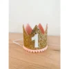 Cutest Little Party # 1 Gold Glitter + Blush Pom Trim + White Glitter Crown Crowns