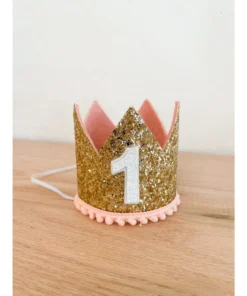 Cutest Little Party # 1 Gold Glitter + Blush Pom Trim + White Glitter Crown Crowns