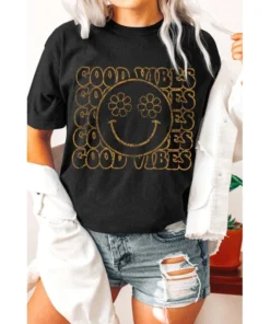 J+j Good Vibes Smiley Black Oversized Tee Graphic Tees