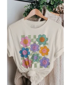 J+j Retro Flower Smiley Checkered Cream Oversized Tee Graphic Tees