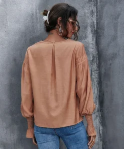 J+j Caramel Lace Textured Cuffed Blouse Tops