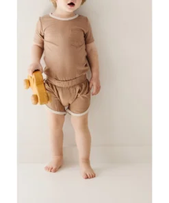 Joss + J Bottoms Taupe + Cream Ribbed Bamboo Track Shorts