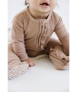 Joss + J Sleepers Tan Ribbed Bamboo Ruffle Zip Sleeper