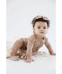 Joss + J Sleepers Tan Ribbed Bamboo Ruffle Zip Sleeper