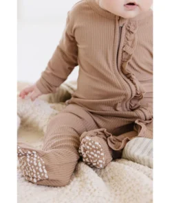 Joss + J Sleepers Tan Ribbed Bamboo Ruffle Zip Sleeper
