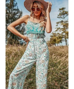 J+j Green Floral Boho Jumpsuit