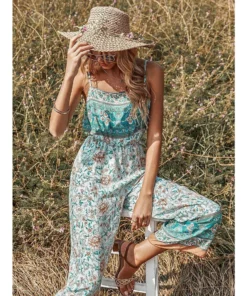 J+j Green Floral Boho Jumpsuit