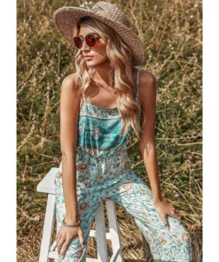 J+j Green Floral Boho Jumpsuit