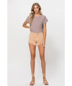 J+j Khaki Distressed High Rise Denim Shorts