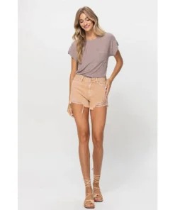 J+j Khaki Distressed High Rise Denim Shorts