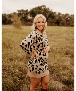 Bailey's Blossoms Dresses Tan Leopard Bubble Sleeve Sweater Dress