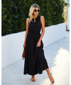 J+j Dresses Black Tie Neck Solid Maxi Dress