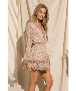 J+j Beige Floral V Neck Ruffle Long Sleeve Dress