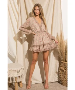 J+j Beige Floral V Neck Ruffle Long Sleeve Dress