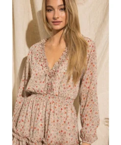 J+j Beige Floral V Neck Ruffle Long Sleeve Dress
