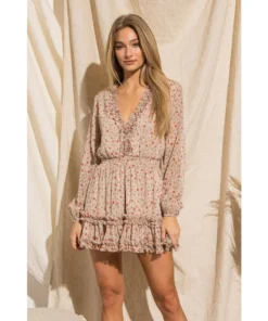 J+j Beige Floral V Neck Ruffle Long Sleeve Dress