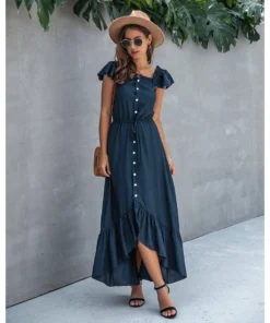 J+j Dresses Navy Off Shoulder Button Down Dress