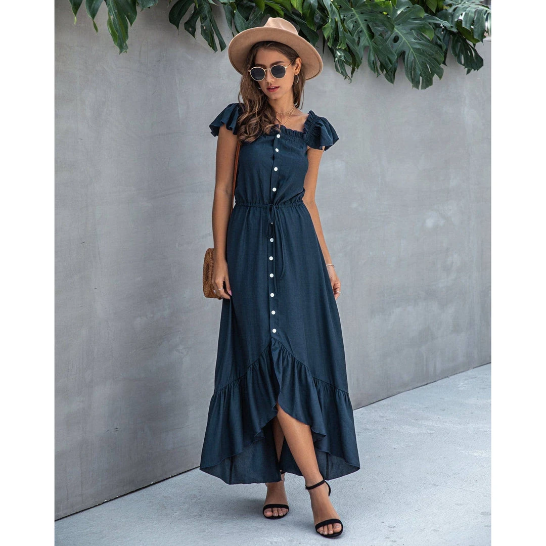 J+j Dresses Navy Off Shoulder Button Down Dress 4 J+j Dresses Navy Off Shoulder Button Down Dress