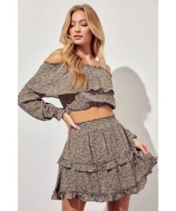 J+j Tops Olive Off Shoulder Ruffle Sleeve Top