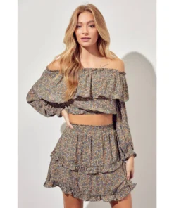 J+j Tops Olive Off Shoulder Ruffle Sleeve Top