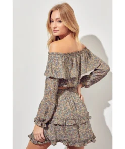 J+j Tops Olive Off Shoulder Ruffle Sleeve Top