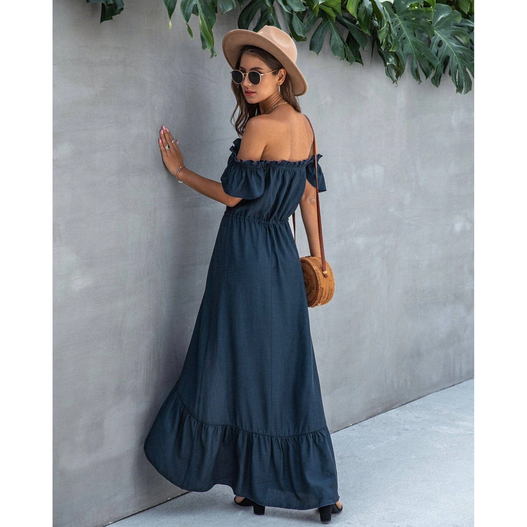 J+j Dresses Navy Off Shoulder Button Down Dress 8 J+j Dresses Navy Off Shoulder Button Down Dress