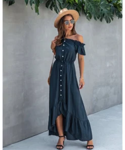 J+j Dresses Navy Off Shoulder Button Down Dress