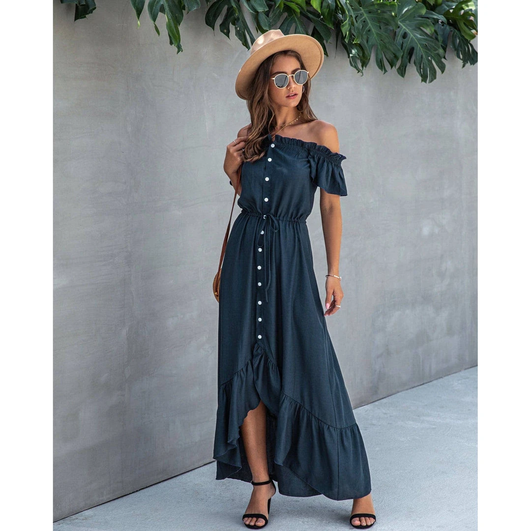J+j Dresses Navy Off Shoulder Button Down Dress 3 J+j Dresses Navy Off Shoulder Button Down Dress