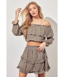 J+j Tops Olive Off Shoulder Ruffle Sleeve Top