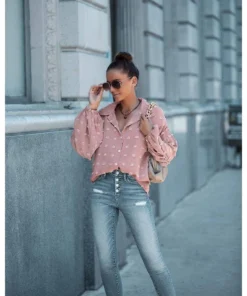 J+j Pink Swiss Dot Bishop Sleeve Button Blouse Tops