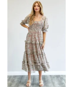 J+j Pink Floral Smocked Maxi Dress Dresses