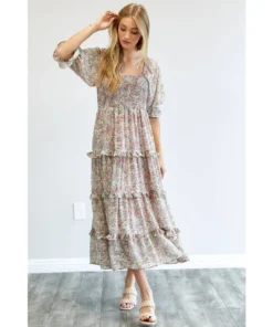 J+j Pink Floral Smocked Maxi Dress Dresses