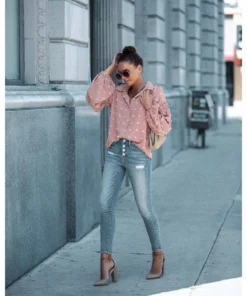 J+j Pink Swiss Dot Bishop Sleeve Button Blouse Tops