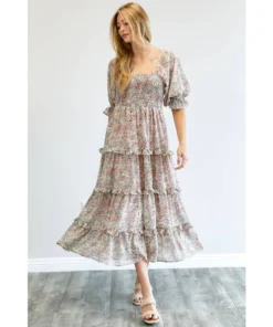 J+j Pink Floral Smocked Maxi Dress Dresses