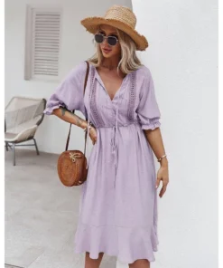 J+j Dresses Purple Crochet Detail Puff Sleeve Dress