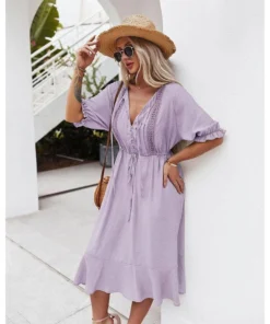 J+j Dresses Purple Crochet Detail Puff Sleeve Dress