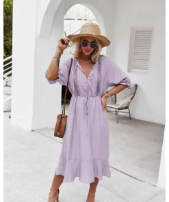 J+j Dresses Purple Crochet Detail Puff Sleeve Dress