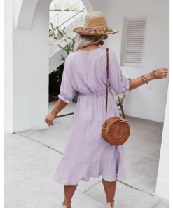 J+j Dresses Purple Crochet Detail Puff Sleeve Dress