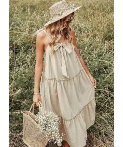J+j Beige Ribbon Detail Tiered Maxi Dress