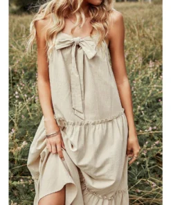 J+j Beige Ribbon Detail Tiered Maxi Dress