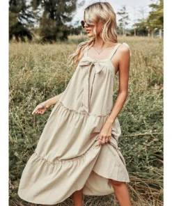 J+j Beige Ribbon Detail Tiered Maxi Dress