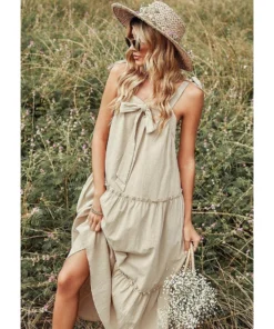 J+j Beige Ribbon Detail Tiered Maxi Dress