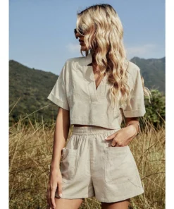 J+j Sets Light Beige Shirt + Shorts Set