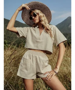 J+j Sets Light Beige Shirt + Shorts Set