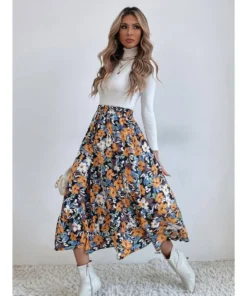 J+j Skirts Blue Gartered Floral Midi Skirt