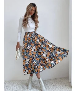 J+j Skirts Blue Gartered Floral Midi Skirt